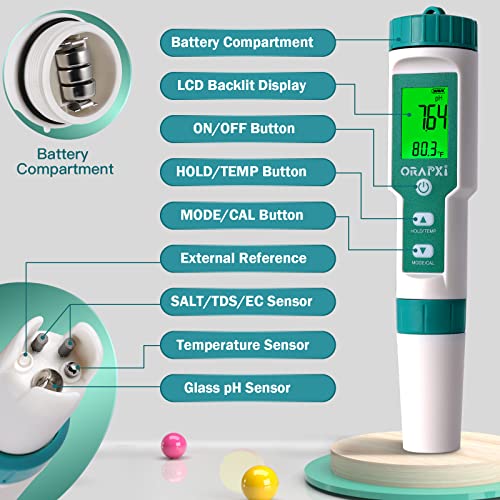 Pool Salt Tester pH and Salt Meter for Saltwater Pool pH Tester | Digital Salinity Tester 5 in 1 pH Salt TDS EC Temp Meter for Hydroponics Salt Meter for Swimming Pools Hot Tubs and Swim Spa