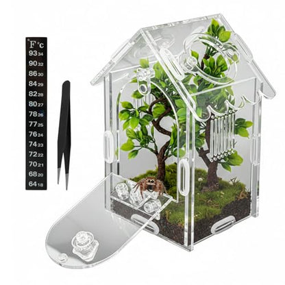Jumping Spider Enclosure, Acrylic Terrarium with Magnetic Front Door, Includes Tweezers and Aquarium Thermometer Strip, Habitat for Mantis, Arboreal Tarantulas & Snails