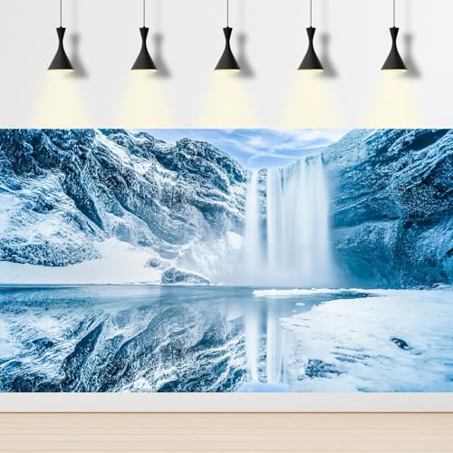 Winter Iceland Aquarium Background Frosty Snow Covered Waterfall Fish Tank Background Majestic Winter Ice Lake Nature Landscape Terrarium Backgrounds Wintry Waterfall Reptile Tank Backgrounds 24x12in - color: Grey_Blue, size: 24(W)x12(H)inches/ 60(W)*30cm