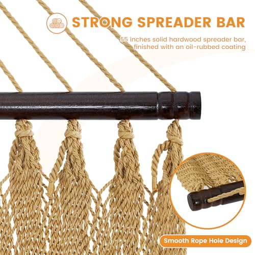 Lazy Daze Hammocks 13 FT Extra Large 2+ Person Caribbean Rope Hammock, Hand Woven Polyester XL Hammock with Spreader Bars, for Outside Outdoor Backyard Patio Poolside, 500 LBS Capacity, Tan - color: Tan