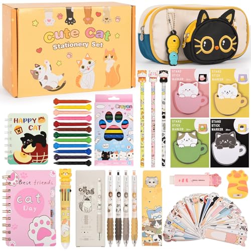 Ulema 60Pcs Cute Cat Stationery Set Birthday Gifts for Boys Girls Back to School and Classroom Rewards Office Supplies with Cat BallPoint Pen, Pencils, Erasers, Sticky Notes etc. - style: cat