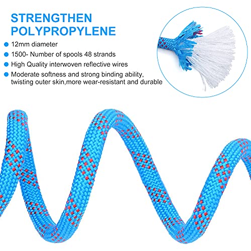10mm/12mm (32FT/64FT) Climbing Rope, Outdoor Static Rock Climbing Rope, Tree Climbing Rappelling Rope, Escape Nylon Rope, Ice Climbing Equipment Fire Rescue Parachute Rope with 2 Steel Hooks - color: Blue, size: 10mm/32ft
