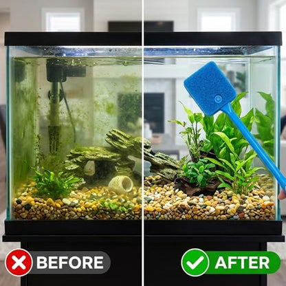 4Pcs Aquarium Scrubber, Fish Tank Scrubber with Long Handle and Replaceable Sponge Heads, Efficient Aquarium Sponge Cleaner for Glass Terrariums and Multi-Surface Home Cleaning