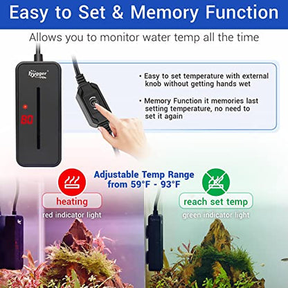 hygger Small Submersible Aquarium Heater 50W Mini Betta Fish Tank Heater with LED Display Adjustable Temperature for 5-10 Gallon Freshwater Saltwater Coral Reef Tanks - size: Small