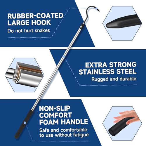 Snake Hook, 50" Reptile Snake Hook Heavy Duty Long for Ball Python Rattlesnakes Rattle Copperhead Removal with Sponge Grip and Stainless Steel Rubber Tip Hook(50inch) - size: 50inch