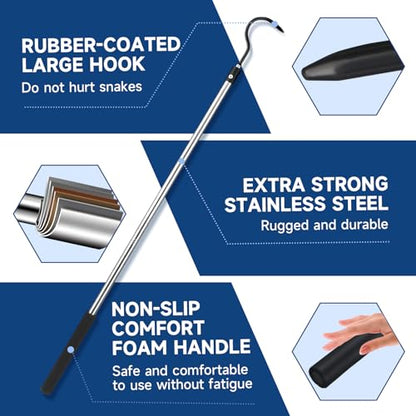 Snake Hook, 50" Reptile Snake Hook Heavy Duty Long for Ball Python Rattlesnakes Rattle Copperhead Removal with Sponge Grip and Stainless Steel Rubber Tip Hook(50inch) - size: 50inch