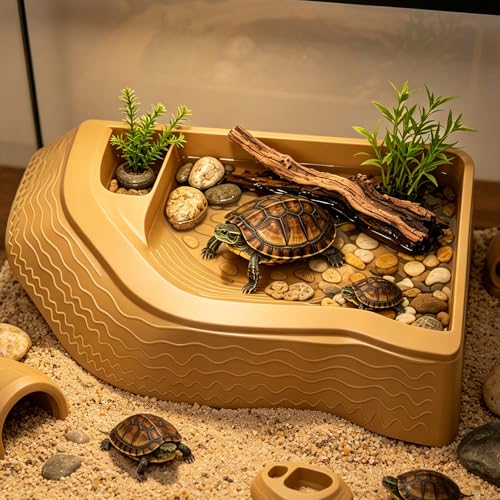 Reptile Bathing Pool with Ramp, Turtle Soaking Dish with Pet Food Feeding Plate Reptile Feeding Dish Water Bowl Bathing Pool Aquarium Ornament for Gecko, Turtle, Bearded Dragon, Lizard Bath