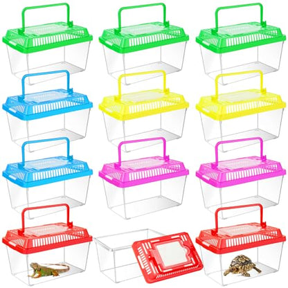 12Pcs Plastic Reptile Terrariums Carrier Cage Tarantula Enclosure Snake Breeding Box Hatching Container Transparent Fish Tank Turtle Aquarium with Random Color Lid for Spider, XS(5.1” x 3.5” x 3.5” - size: XS
