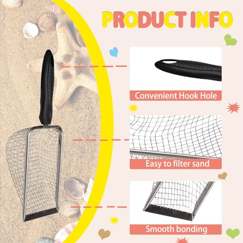 2 Pcs Stainless Steel Beach Mesh Shovel, Metal Shark Tooth Sifter, Black Handle Reptile Sand Scoop Scooper Beach Shell Collecting Tool for Sifting Picking Up Sea Creatures Cat Litter