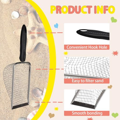 2 Pcs Stainless Steel Beach Mesh Shovel, Metal Shark Tooth Sifter, Black Handle Reptile Sand Scoop Scooper Beach Shell Collecting Tool for Sifting Picking Up Sea Creatures Cat Litter
