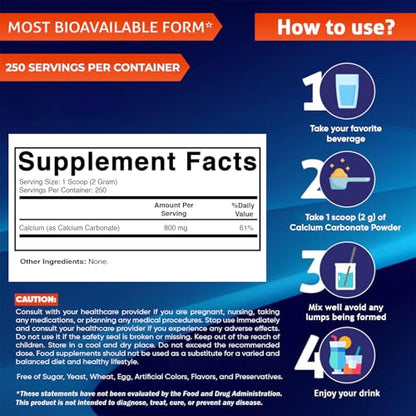 Vitamatic Calcium Carbonate Powder – 500 g (17.6 oz) – Unflavored Dietary Supplement Powder Non-GMO