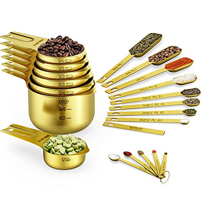 Wildone Gold Measuring Cups & Spoons Set of 21 - Includes 7 Stainless Steel Nesting Measuring Cups, 8 Measuring Spoons, 1 Leveler & 5 Mini Measuring Spoons, Ideal for Dry & Liquid Ingredients - color: Gold