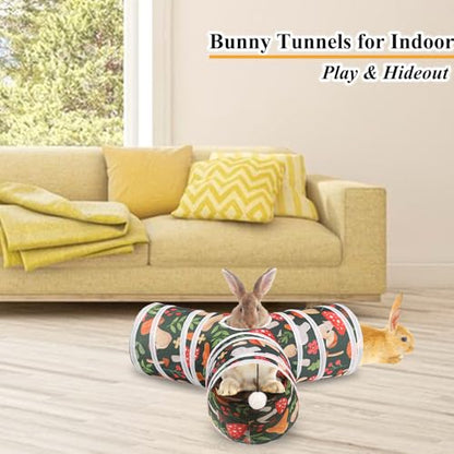 HERCOCCI Rabbit Toys, Bunny Tunnel & Tube, Collapsible 3 Way Rabbit Hideout Tunnel with Chew Toy for Bunny Guinea Pig Ferret Kitten - color: Red