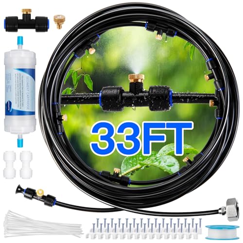 Misters for Outside Patio with Water Filter - 33Ft(10M) Misting system Line 9 Brass Mist Nozzles Brass Adapter(3/4") Patio Misters for Cooling Outdoor Greenhouse Backyard Porch Garden BBQ Party Pool - size: 33FT / 10M