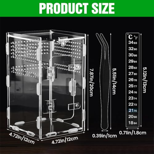 Jumping Spider Enclosure Kit with Thermometer & Tweezers | 7.87"×4.7"×4.7" Large Acrylic Terrarium with Magnetic Door & All-Side Ventilation,Reptile Enclosure for Spiderling