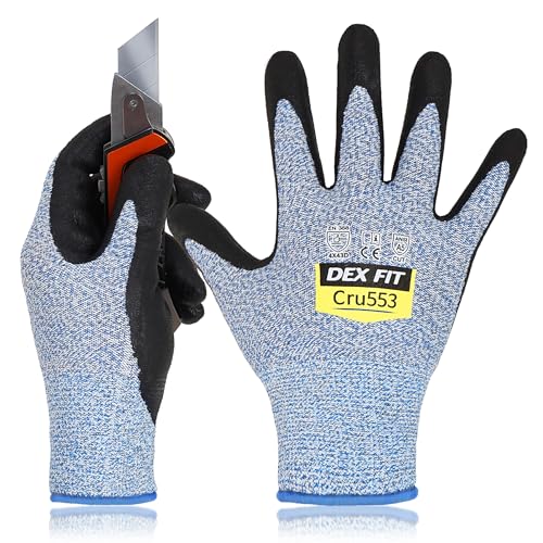 DEX FIT Level 5 Cut Resistant Gloves Cru553 Anti-Static, 3D Comfort Fit A5 Safety Work Gloves with Grip, Thin Touchscreen Gloves for Warehouse, Package Handling, Blue, XS, 1 Pair - color: Blue, size: X-Small