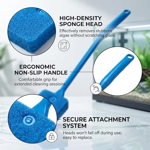 4Pcs Aquarium Scrubber, Fish Tank Scrubber with Long Handle and Replaceable Sponge Heads, Efficient Aquarium Sponge Cleaner for Glass Terrariums and Multi-Surface Home Cleaning