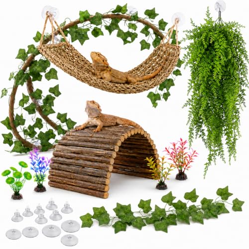 HERCOCCI Bearded Dragon Tank Accessories, 9Pcs Reptile Plants Vines Hammock | Flexible Bridge with Suction Cups Terrarium Habitat Décor for Snake Gecko Lizard Chameleon