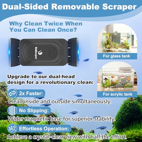 fishkeeper Dual-Blades Magnetic Aquarium Glass Cleaner with 4 Algae Scraper | 2-In-1 Floating Scrubber, Double Side Magnetic Fish Tank Cleaner for 0.4-0.6 Inch Thick Glass & Acrylic Aquarium Tanks (L) - size: L for Glass Thickness: 0.6"