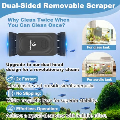 fishkeeper Dual-Blades Magnetic Aquarium Glass Cleaner with 4 Algae Scraper | 2-In-1 Floating Scrubber, Double Side Magnetic Fish Tank Cleaner for 0.4-0.6 Inch Thick Glass & Acrylic Aquarium Tanks (L) - size: L for Glass Thickness: 0.6"