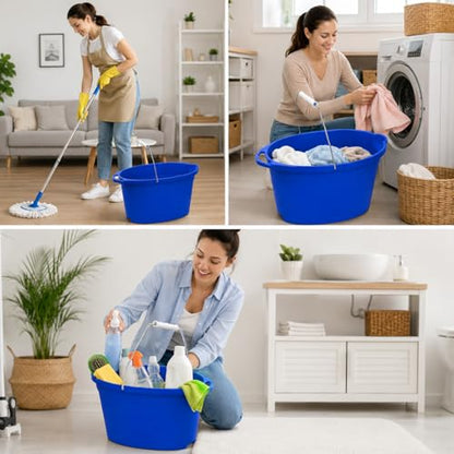 12 Quart Plastic Oval Bucket, Blue Multi-Purpose Utility Pail for Cleaning, Storage, Rinsing, Laundry, Car Wash, Home, Garage, Indoor and Outdoor Use