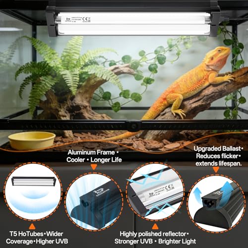 T5 UVB Reptile Light Fixture Combo Kit 8W: 10.0 HO UVB Light for Reptiles Terrarium Hood Comes with UVB Lamp, 12'' Linear UVB Light Bar for Desert Bearded Dragon,Turtle,Gecko - UV Sensor Test Card - size: 12.4INCH-10.0