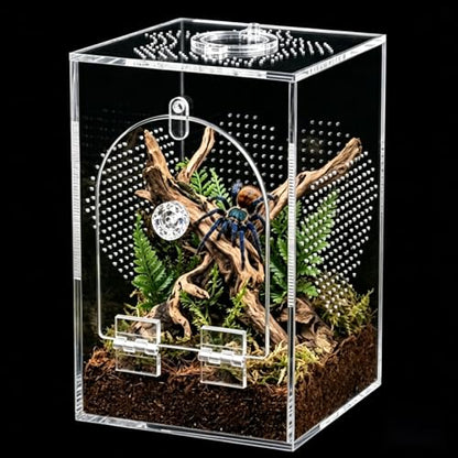 Cycodo Jumping Spider Enclosure,Seamless Escape-Proof Tarantula Terrarium,Anti-Warp Thickened Acrylic Insect Cage with Front Door & Feeding Port for Mantis,Hermit Crabs,Snail,Micro Reptile,5 * 5 * 8"
