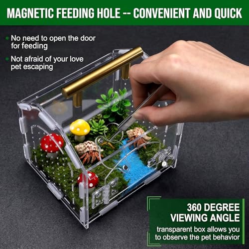 Tlence Jumping Spider Enclosure with Handle, Front Opening Acrylic Arboreal Terrarium with Magnetic Closure, Portable Micro Reptile Habitat for Tarantulas, Frogs, Gecko, Mantis