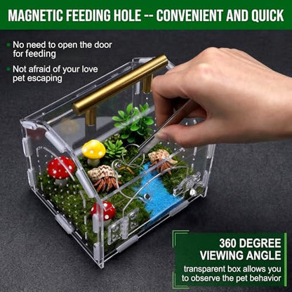 Tlence Jumping Spider Enclosure with Handle, Front Opening Acrylic Arboreal Terrarium with Magnetic Closure, Portable Micro Reptile Habitat for Tarantulas, Frogs, Gecko, Mantis