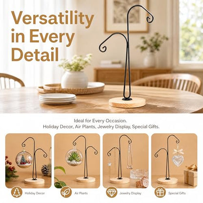WRINGKIT 4 Pack Ornament Display Hanger Stand, Wood Base, Double Hook-Style | Sturdy Ornament Holder, Metal Air Plant Flower Pot Hanging Terrarium Stand for Christmas Halloween Decoration, Glass Globe