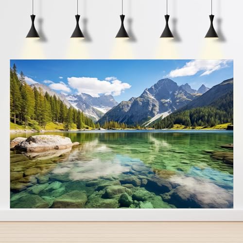 Mountain Lake Aquarium Background Pine Trees Ldyllic Landscape Fish Tank Background Serene Captivating Lake Reptile Tank Backgrounds Nature Majestic Mountains Reptile Enclosure Backgrounds 24x12in - color: Blue_Green, size: 24(W)x12(H)inches/ 60(W)*30cm(H