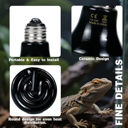 50W Reptile Heat Lamp(2-Pack) Ceramic Heat Emitter- Non-Light Emitting, 24/7 Safe Heating for Terrariums, Brooders & Incubators-Turtle Lizard Bearded Dragon Snake Small Pets E26 - size: 50 Watts