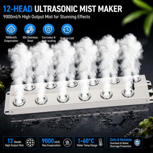 Ultrasonic Mist Maker Fogger 12 Heads, 9000ml/H 400W Pond Fogger with Float, IP67 Waterproof Power Supply, 304 Stainless Steel Ultrasonic Mister with Auto Shut-Off for Pond,Fountain,Garden,Halloween - size: 12 HEAD
