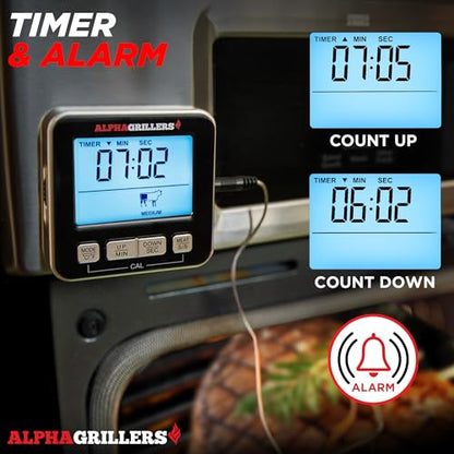 Alpha Grillers Meat Thermometer Digital, Wired Probe for Oven & Grill | 7 Preset Temperature Alerts, Timer & Alarm for Cooking, Baking & BBQ