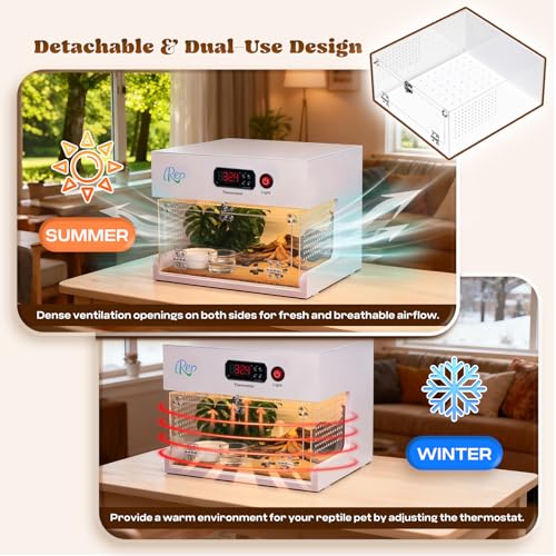 Moongiantgo Thermostat-Controlled Reptile Enclosure 11.89x12.01x9.25 Inch | Detachable Leopard Gecko Tank Heating Habitat, Front Opening Acrylic Terrarium for Crested Gecko, Small Pets, Air Flow&Latch