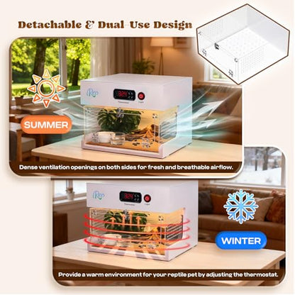 Moongiantgo Thermostat-Controlled Reptile Enclosure 11.89x12.01x9.25 Inch | Detachable Leopard Gecko Tank Heating Habitat, Front Opening Acrylic Terrarium for Crested Gecko, Small Pets, Air Flow&Latch