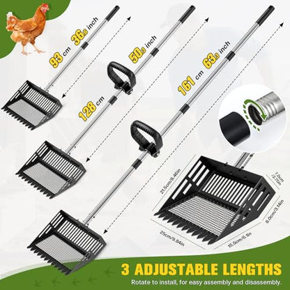2-in-1 Chicken Poop Scooper & Rake with Ergonomic Non-Slip Handle, Adjustable Stainless Steel Handle (36–63"), Litter Cleaning Tools for Chicken Coop Farm Animals