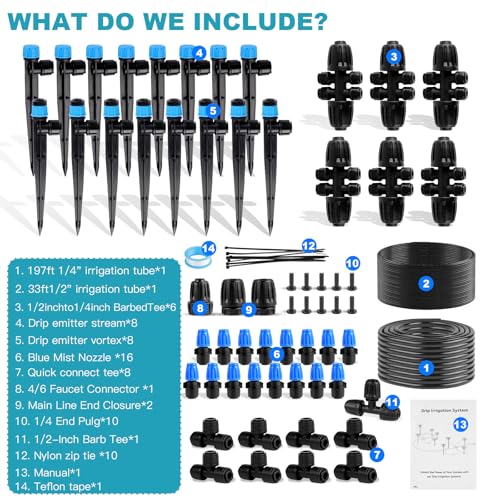 Garden Drip Irrigation System - 230FT Quick-Connect Automatic Watering Misting System Kit with 1/2" & 1/4" Tubing, Adjustable Spray Nozzles & Sprinklers for Lawn, Plant Bed, Greenhouse, DIY Irrigation