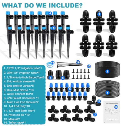 Garden Drip Irrigation System - 230FT Quick-Connect Automatic Watering Misting System Kit with 1/2" & 1/4" Tubing, Adjustable Spray Nozzles & Sprinklers for Lawn, Plant Bed, Greenhouse, DIY Irrigation