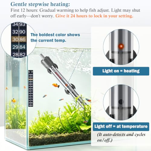 HITOP 100W Adjustable Aquarium Heater, Submersible Fish Tank Heater Thermostat with Suction Cups for 12-30Gal - size: 8.8in-100w