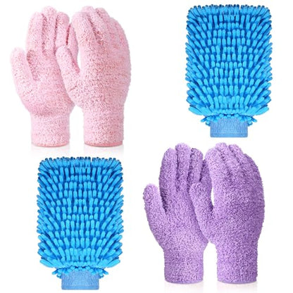 Potchen 6 Pcs Microfiber Dusting Mitt Gloves for Plants Washable Dusting Gloves for House Cleaning Furniture Car Washing - color: Pink,purple,blue
