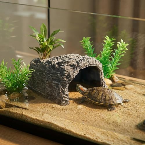 Extra Large Reptile Hideouts Cave, Resin Tortoise Hide Cave, Rock Basking Habitat Decor for Bearded Dragon, Leopard Gecko, Snake, Turtle, Lizard, Frog, Terrarium Aquarium Hideout(Large Size) - size: 9.3 x 8.1 x 5 inch