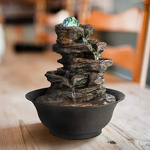 FerrisIsland Resin Desktop Rock Waterfall Fountain | LED Luminous Ball - color: Brown Gray