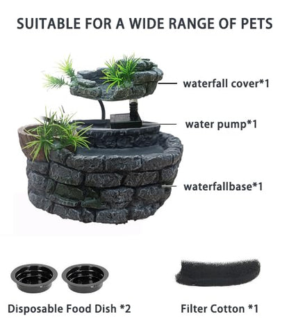 550ML Reptile Water Fountain with Food Dish – Terrarium Drinking Fountain for Bearded Dragon, Gecko, Chameleon, Lizard, Tree Frog & Turtle – Keeps Water Clear, Easy-to-Use Water Dispenser