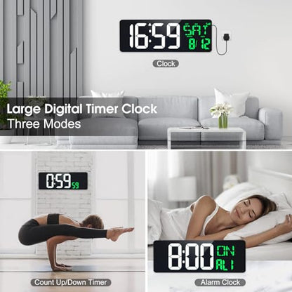 17" Large Digital Wall Clock, Bluetooth Sync, Auto Dimmer, Remote | Bluetooth Automatic Time Sync, Stable Plug-in Power, DST Support, Date Week Temperature Display, Fits all Indoor Spaces - color: White+green