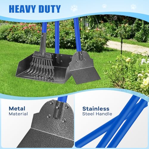 Larger Dog Pooper Scooper for Large Medium Small Dogs Stainless Steel | Heavy Duty No Bending with Rake & Shovel & Extra Large Tray for Yard - color: 2.Blue with black