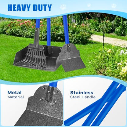 Larger Dog Pooper Scooper for Large Medium Small Dogs Stainless Steel | Heavy Duty No Bending with Rake & Shovel & Extra Large Tray for Yard - color: 2.Blue with black
