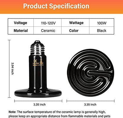 HealSmart Reptile Heat Lamp 100W 2-Pack Ceramic Heat Emitter, No Light Emitting Heat Bulbs for Amphibian Pet Brooder Coop Incubating Chicken, Lizard Bearded Dragon Turtle Snake Terrarium Black - size: 100W, style: 2 Pack