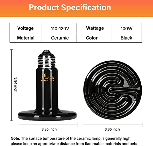 HealSmart Reptile Heat Lamp 100W Ceramic Heat Emitter, No Light Emitting Heat Bulbs for Amphibian Pet Brooder Coop Incubating Chicken, Lizard Bearded Dragon Turtle Snake Terrarium Black - size: 100 Watts, style: D-85mm (3.35") *1 Pcs