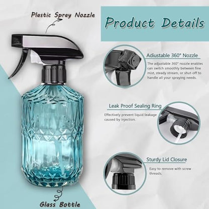 2pack Glass Plant Mister Spray Bottle 360° Nozzle for Hair Cleaning Blue | 3 spray modes, fine dew-like mist, thick glass, visible water level, 15oz Mister Spray Bottles for cleaning hair pets - color: Blue